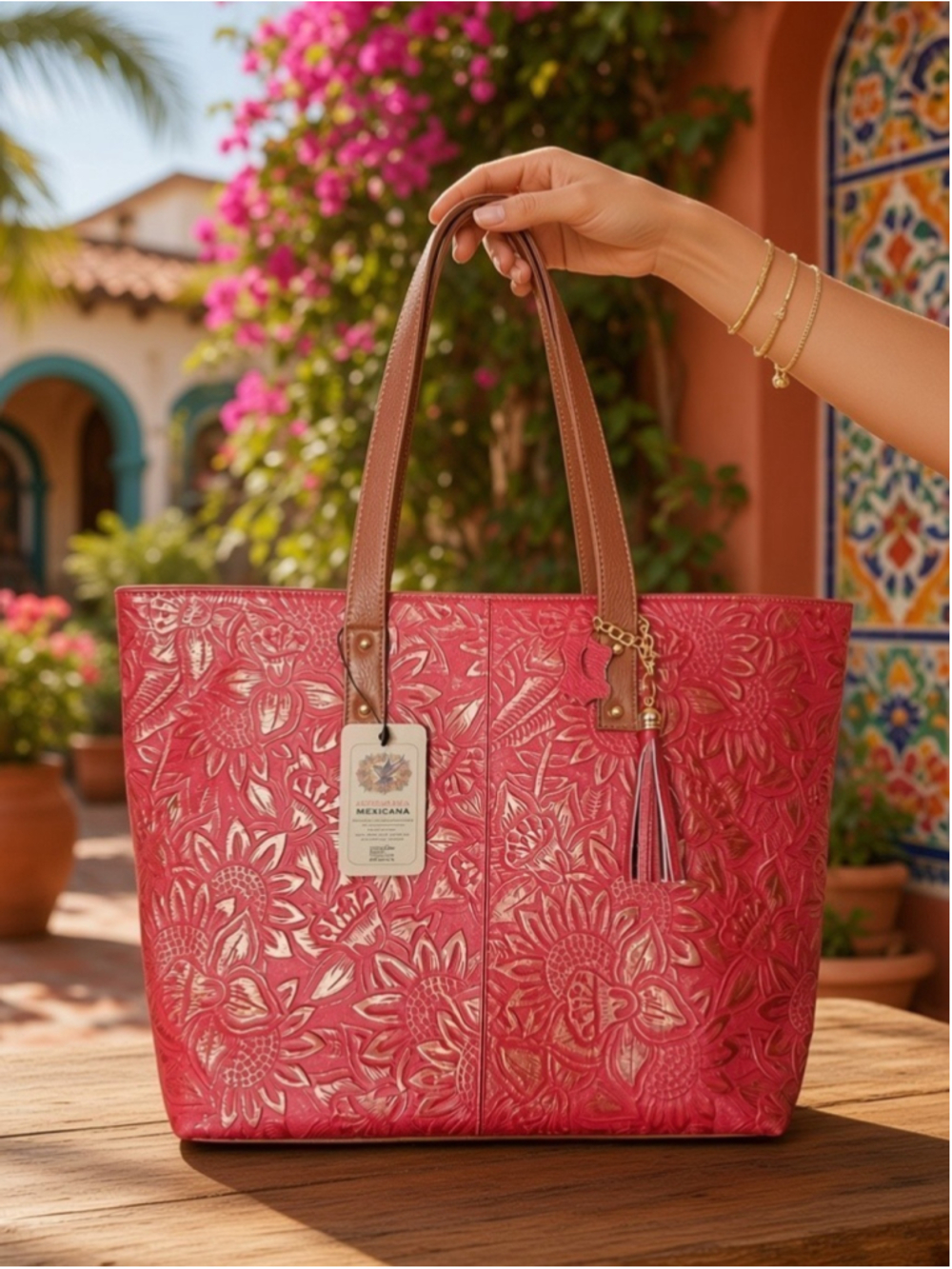 Red & Gold Sunflower Embossed Tooled Artisan LEATHER Purse Handbag Tote Bag